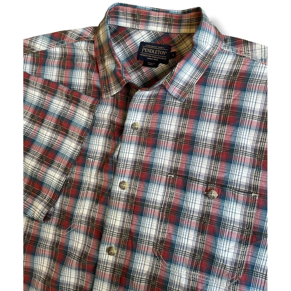 Pendleton Mens Large Short Sleeve Plaid Button Down Shirt Red Blue White Cotton